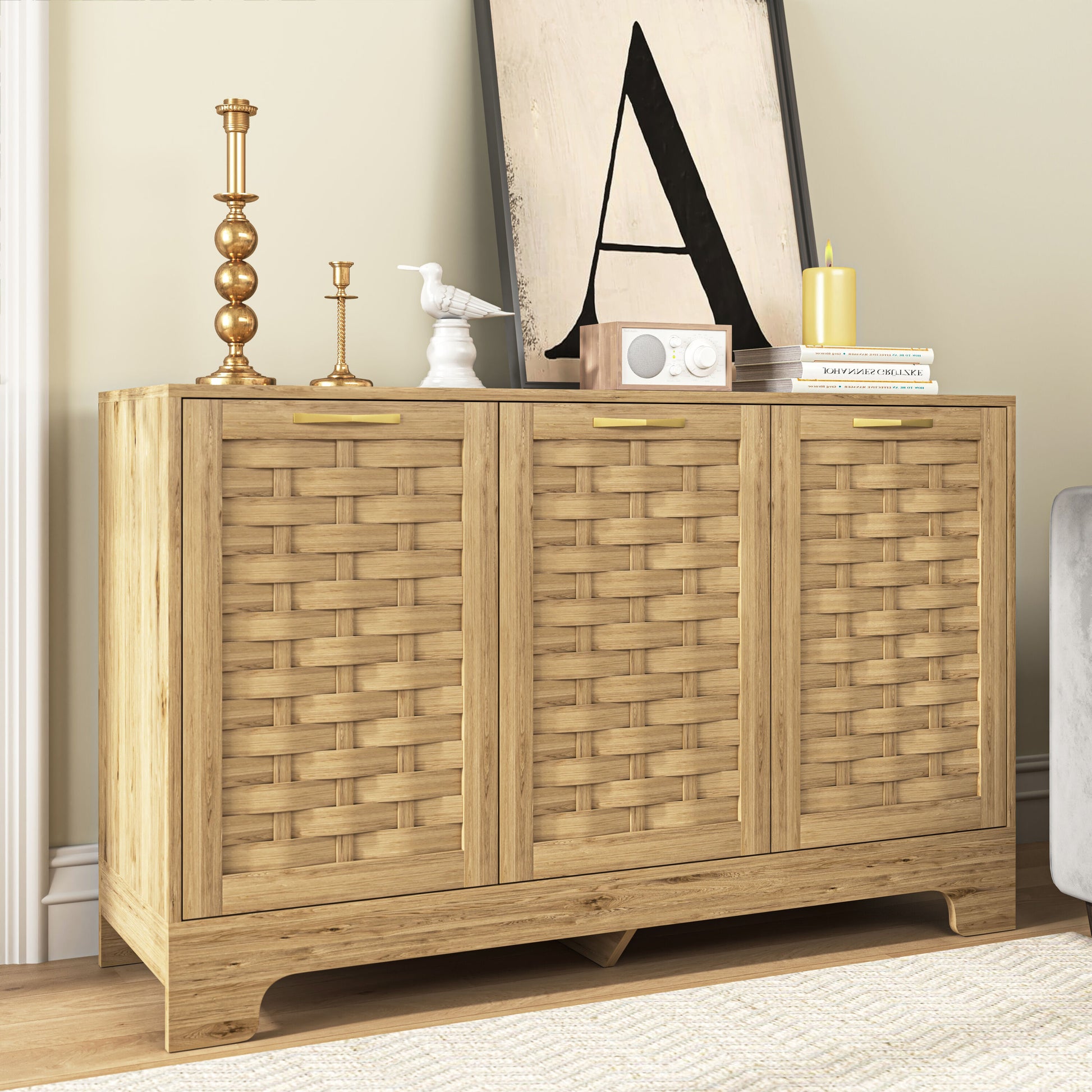 Tatayosi Modern Woven Wood Sideboard with Gold Handles and Anti-Tip Kit