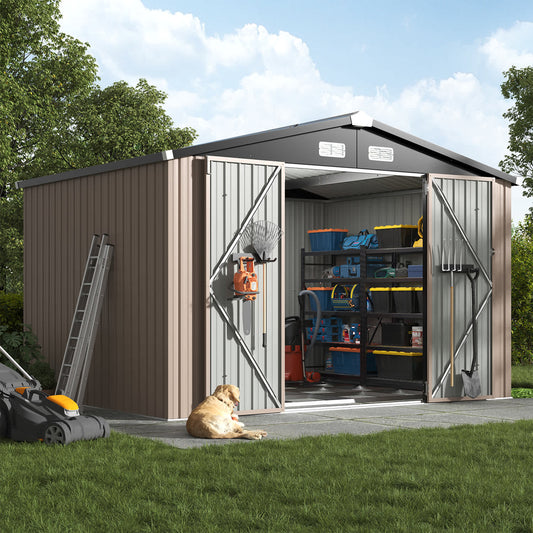 Sunmthink  10-ft x 8-ft Outdoor Metal Storage Shed with frame base Double Hinged Lockable Door Sloped Roof for Garbage Cans Tools Bikes Patio Garden
