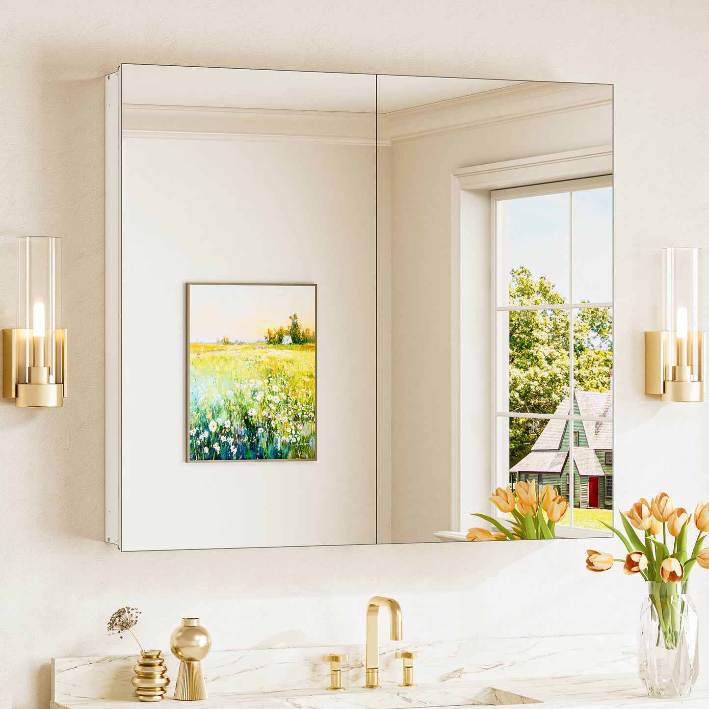 Keonjinn Medicine Cabinet Mirror 36-in x 32-in Surface/Recessed Mount White Mirrored Rectangle Soft Close Medicine Cabinet