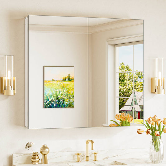 Keonjinn Medicine Cabinet Mirror 36-in x 32-in Surface/Recessed Mount White Mirrored Rectangle Soft Close Medicine Cabinet