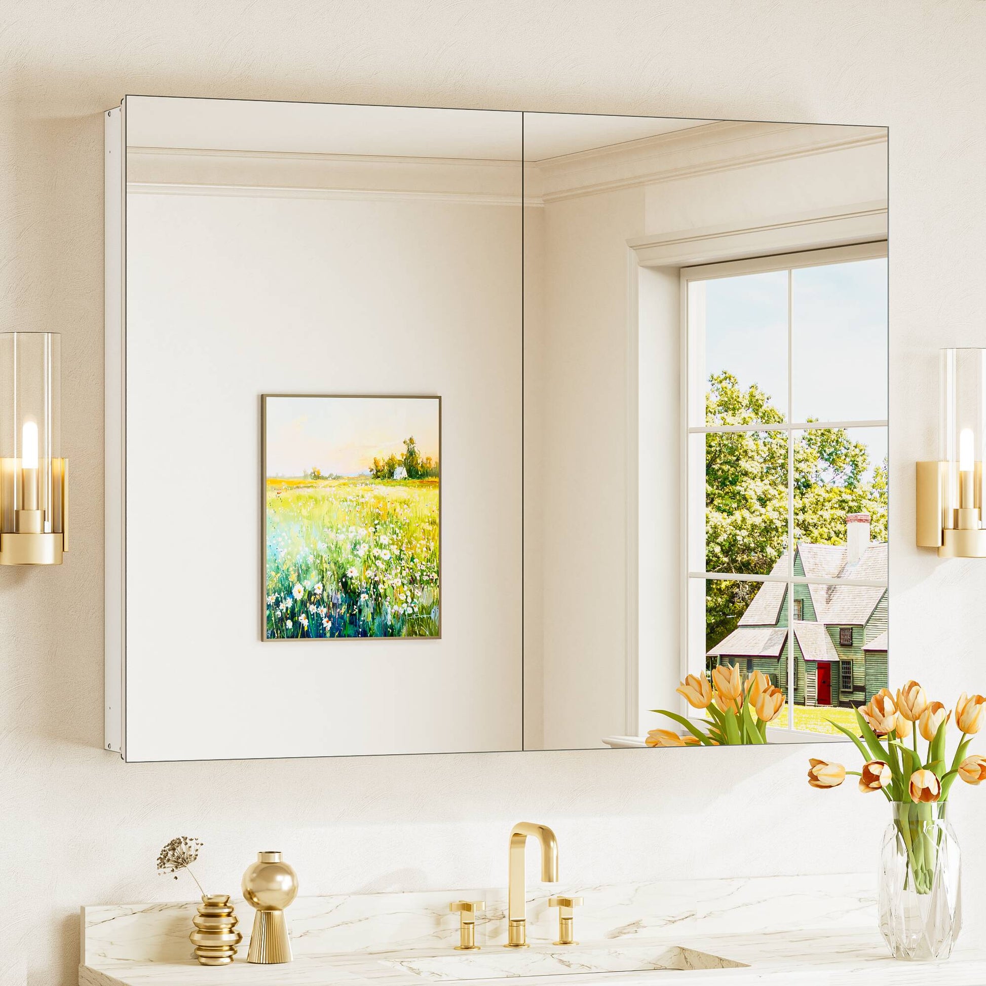 Keonjinn Medicine Cabinet Mirror 40-in x 32-in Surface/Recessed Mount White Mirrored Rectangle Soft Close Medicine Cabinet