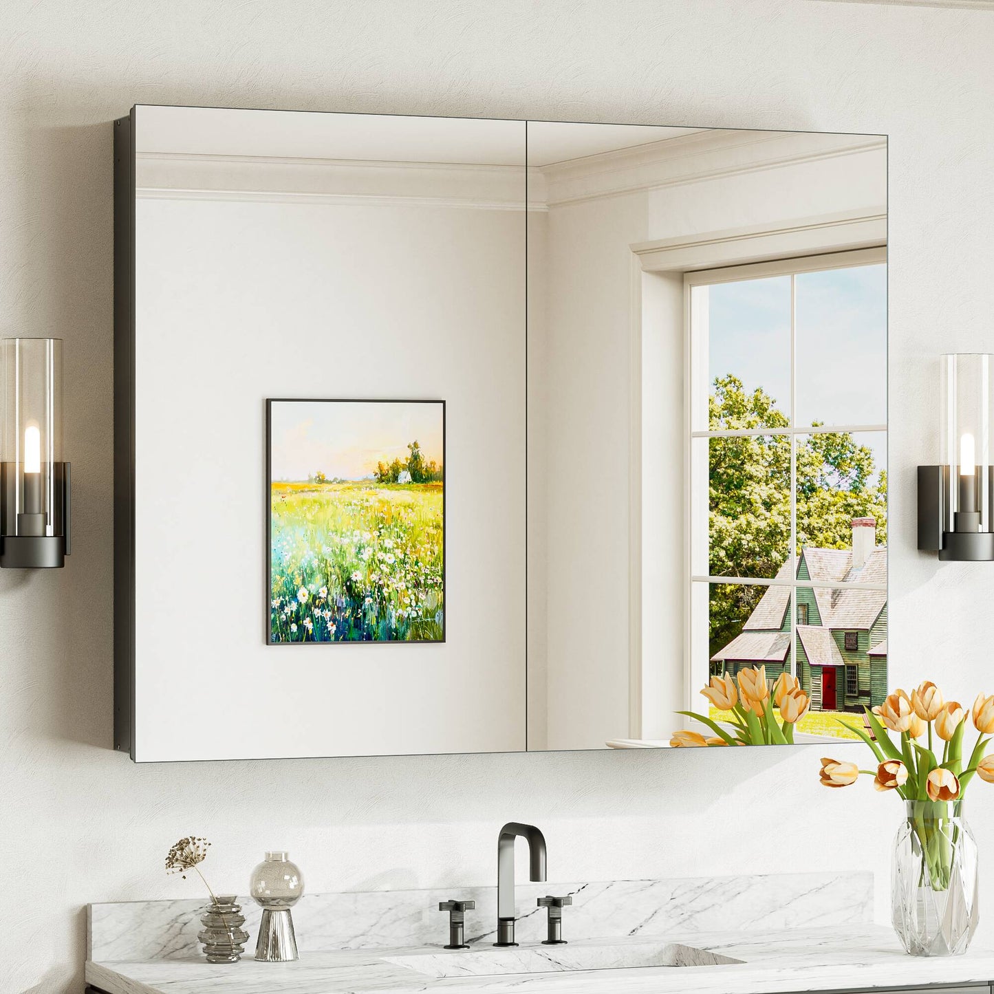 Keonjinn Medicine Cabinet Mirror 40-in x 32-in Surface/Recessed Mount Black Mirrored Rectangle Soft Close Medicine Cabinet