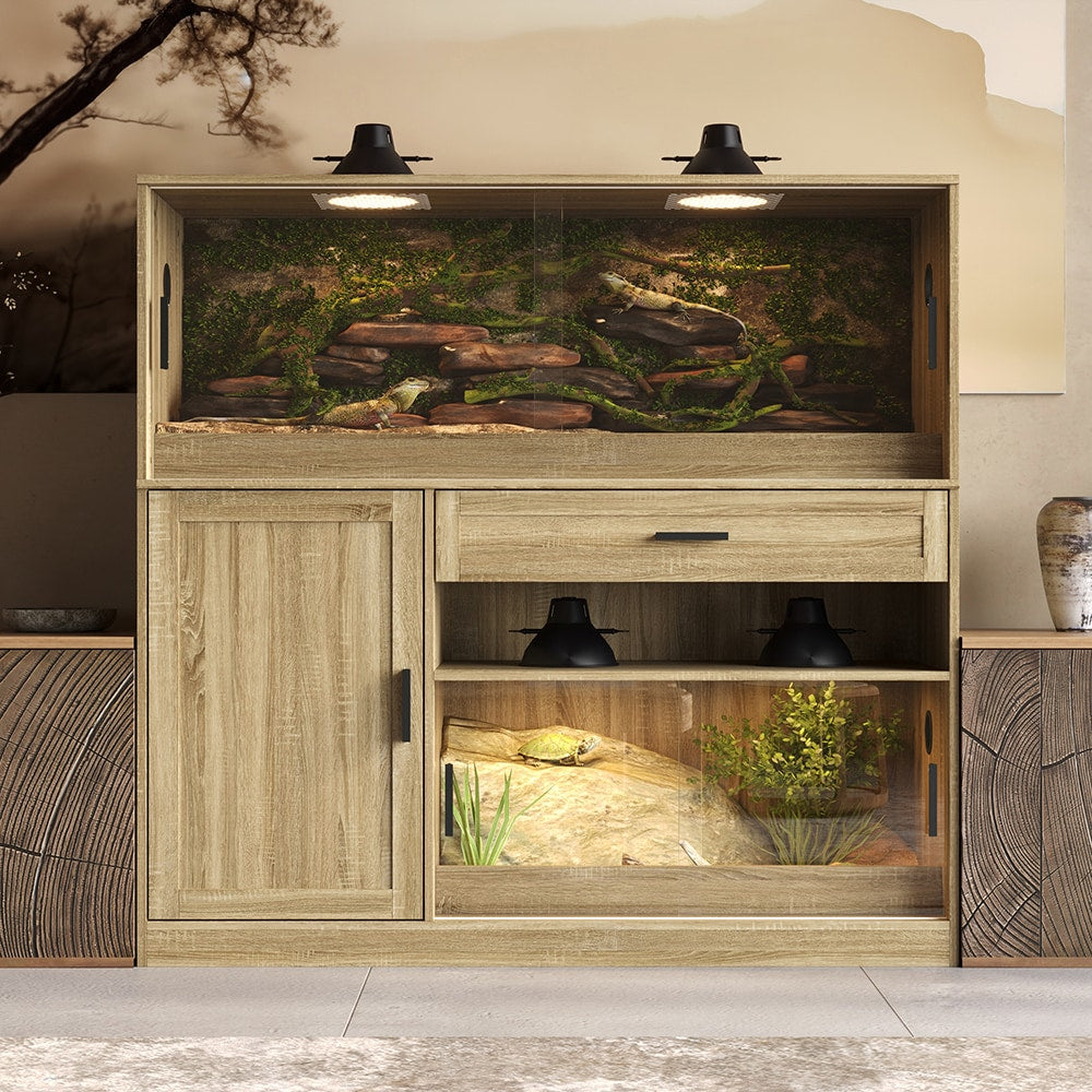 Homsee  Double Layer Reptile Enclosure with Tempered Glass Front Drawer and Cabinet Rustic Wood Terrarium for Lizards Turtles Snakes Pet House 53.1''L x 23.7''W x 51.2''H Brown