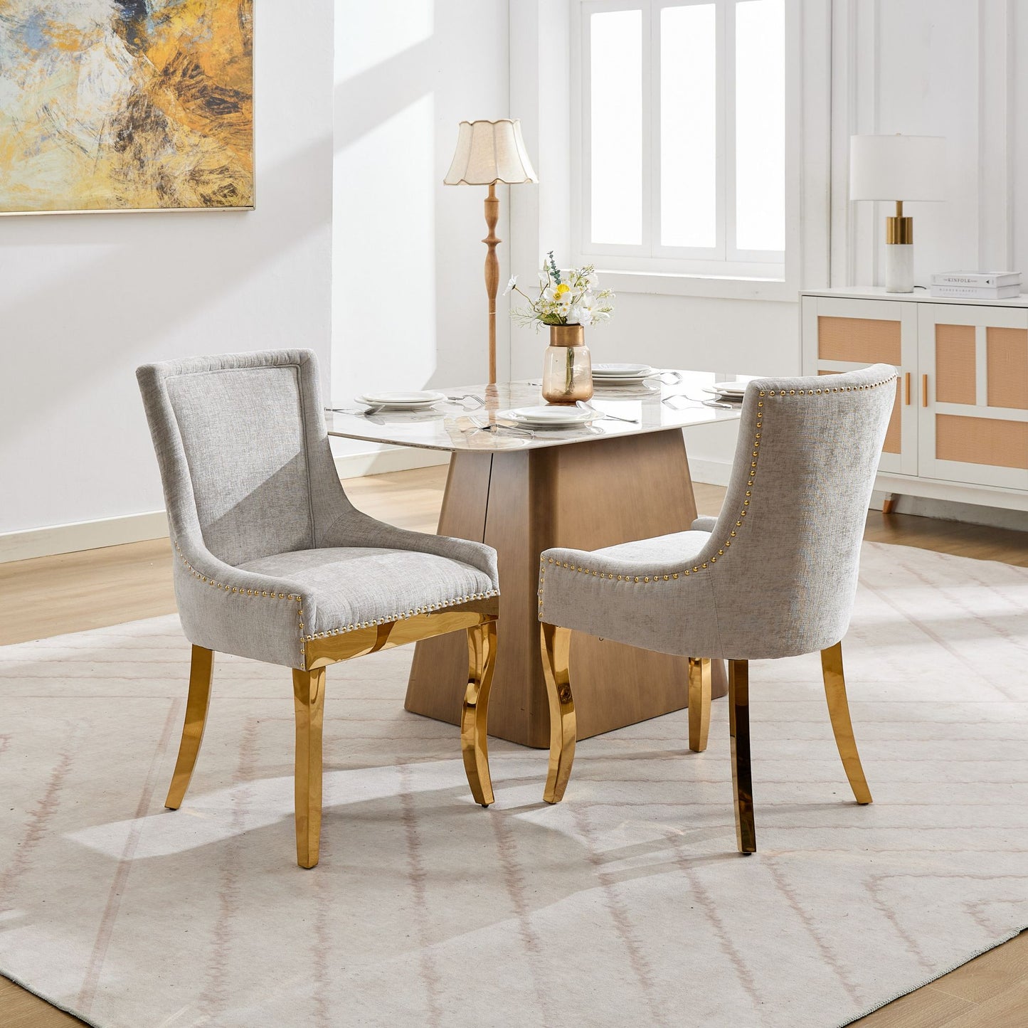 LOVMOR Chenille Modern Style with Curved Gold Upholstered Comfort for Dining Lounge Accent Seating with Textured Fabric and One Beige Set of 2