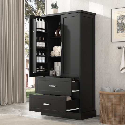 Tatayosi Tall Bathroom Storage Cabinet with Two Doors and Drawers Adjustable Shelf MDF Board Black