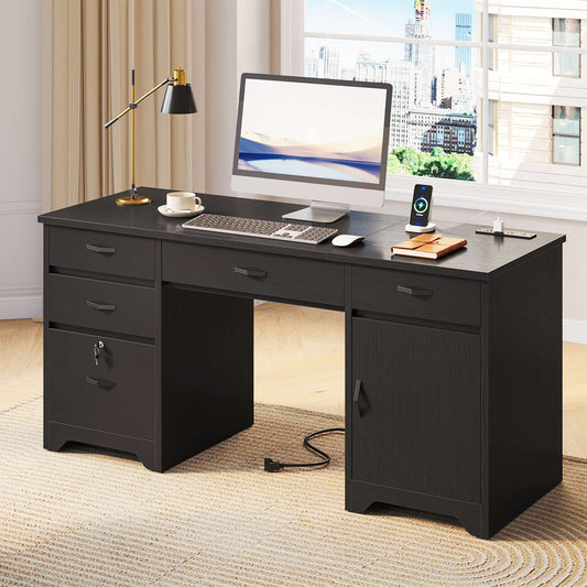 Bestier 59.06-in W Black Office Desk with Charging station and Keyboard Tray Modern Executive Computer Desk with File Drawers and Cabinets for Study and Bedroom