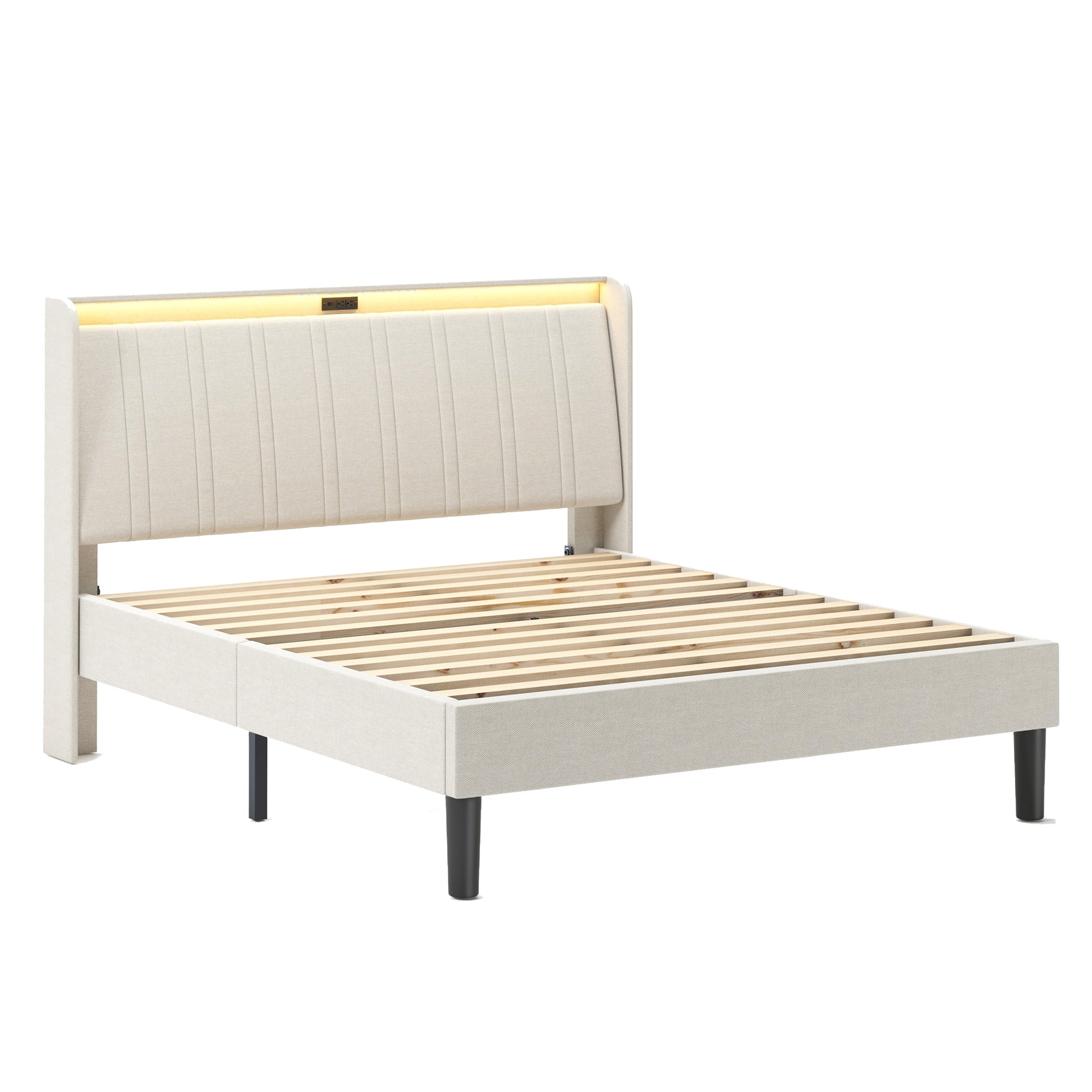 SINOFURN Queen Beige Bed Frame with Headboard