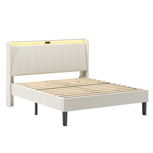 SINOFURN Queen Beige Bed Frame with Headboard