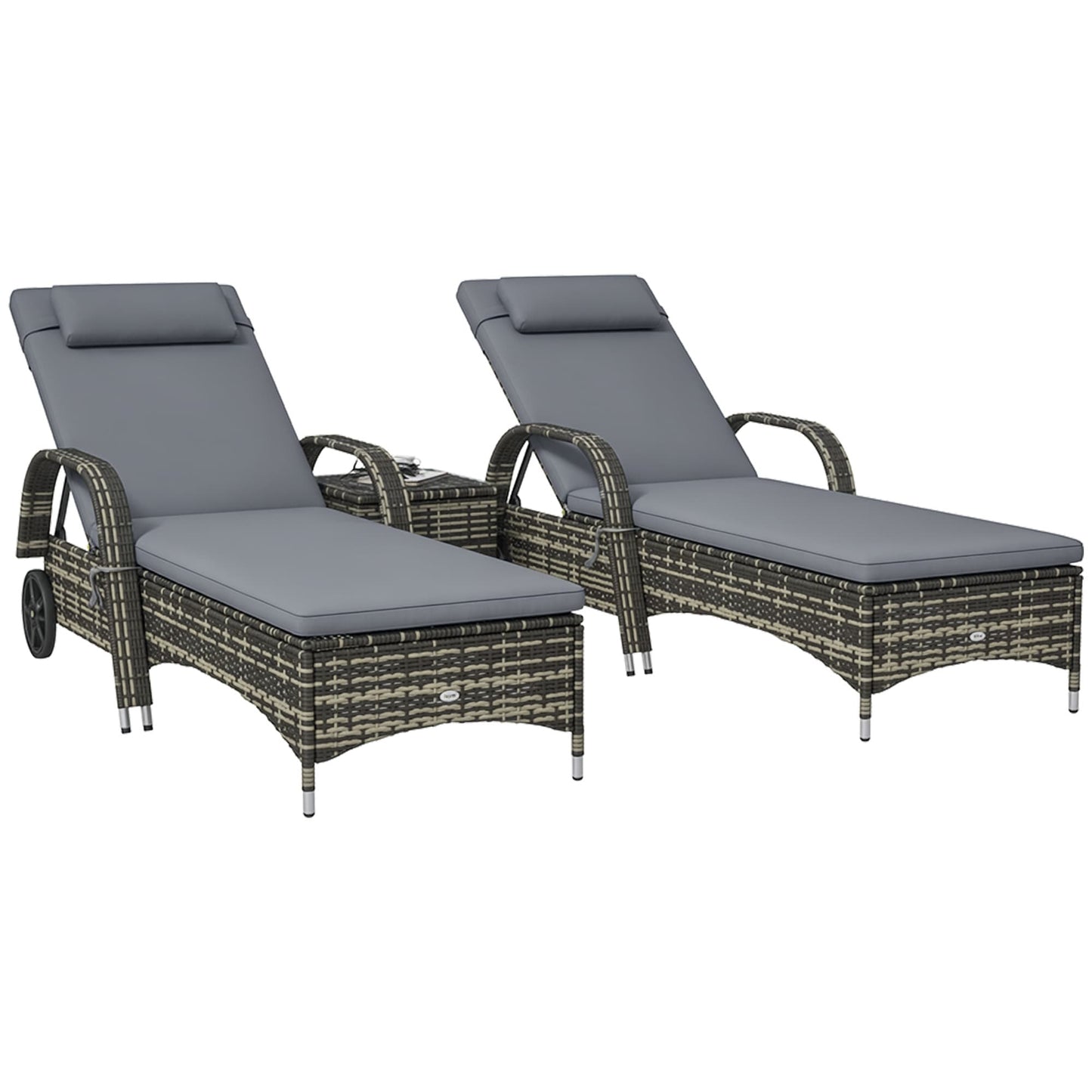 Outsunny  Wicker Outdoor Chaise Lounge Chair Set of 3 with Side Table 5-Level Adjustable Backrest PE Rattan Pool Lounge Chair with Wheels Cushion and Headrest Gray
