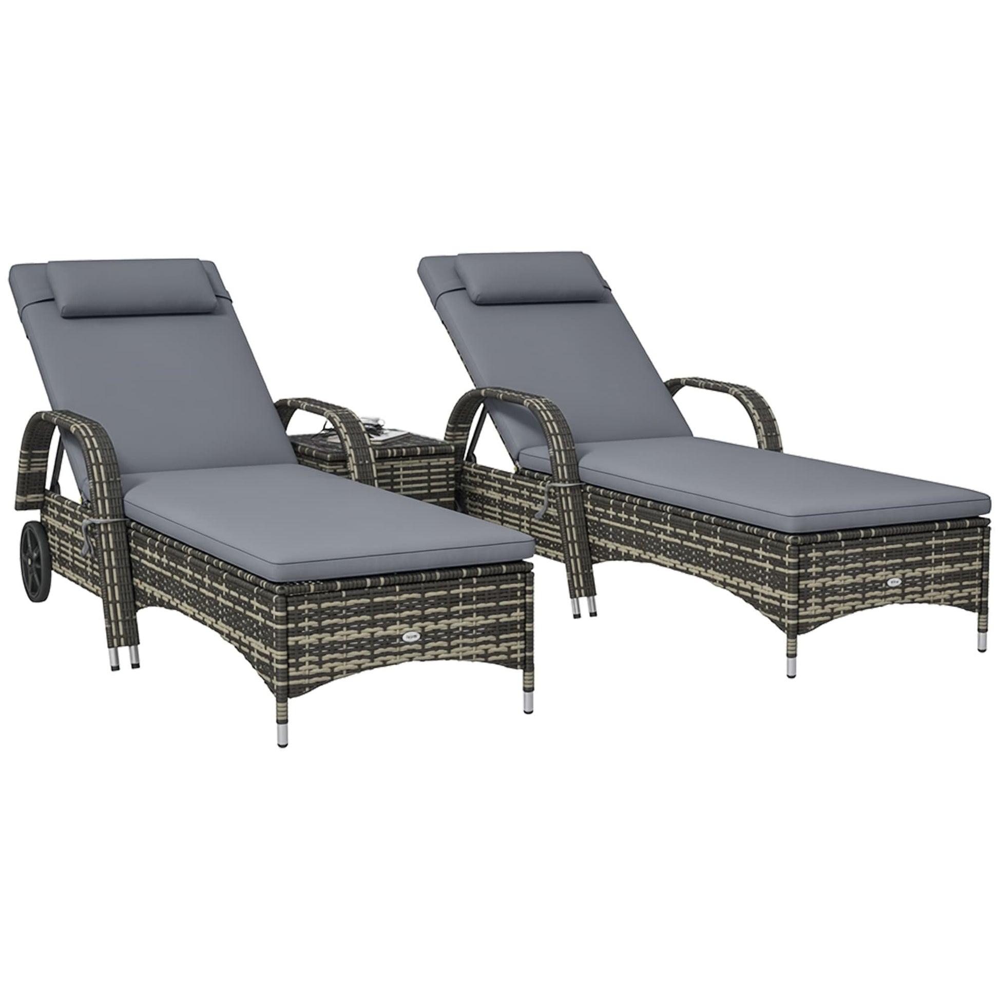 Outsunny  Wicker Outdoor Chaise Lounge Chair Set of 3 with Side Table 5-Level Adjustable Backrest PE Rattan Pool Lounge Chair with Wheels Cushion and Headrest Gray