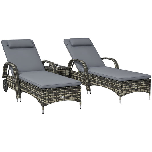 Outsunny  Wicker Outdoor Chaise Lounge Chair Set of 3 with Side Table 5-Level Adjustable Backrest PE Rattan Pool Lounge Chair with Wheels Cushion and Headrest Gray