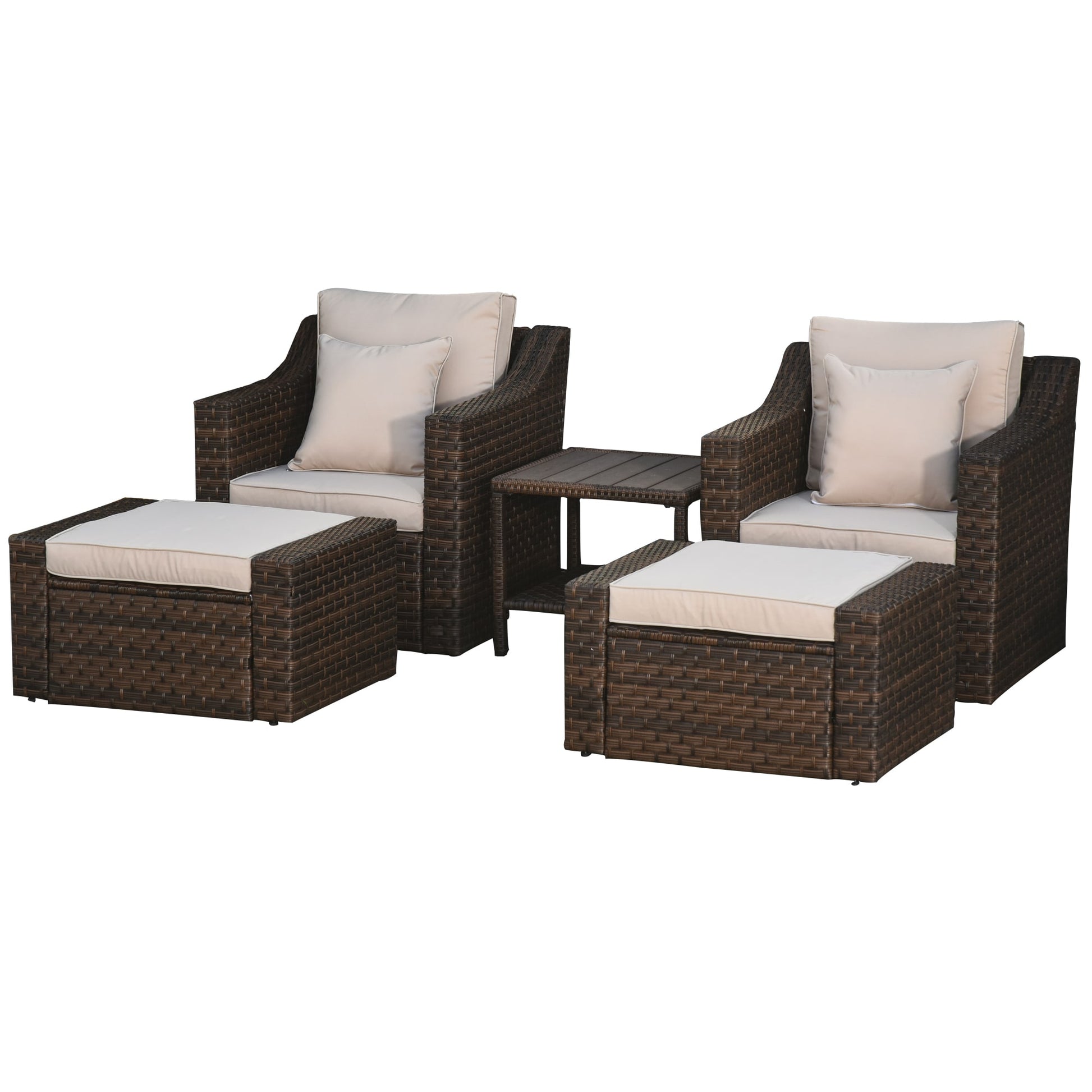 Outsunny  5 Piece Patio Furniture Set All Weather PE Rattan Conversation Chair and Ottoman Set with Coffee Table Cushions and Pillows Included for Balcony Porch Deck Pool Lawn Beige