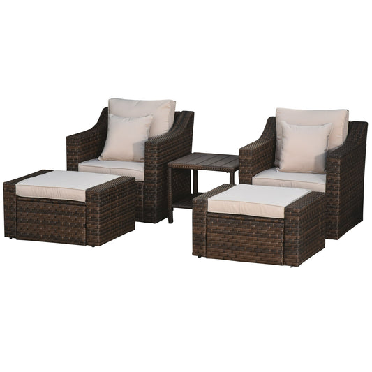 Outsunny  5 Piece Patio Furniture Set All Weather PE Rattan Conversation Chair and Ottoman Set with Coffee Table Cushions and Pillows Included for Balcony Porch Deck Pool Lawn Beige