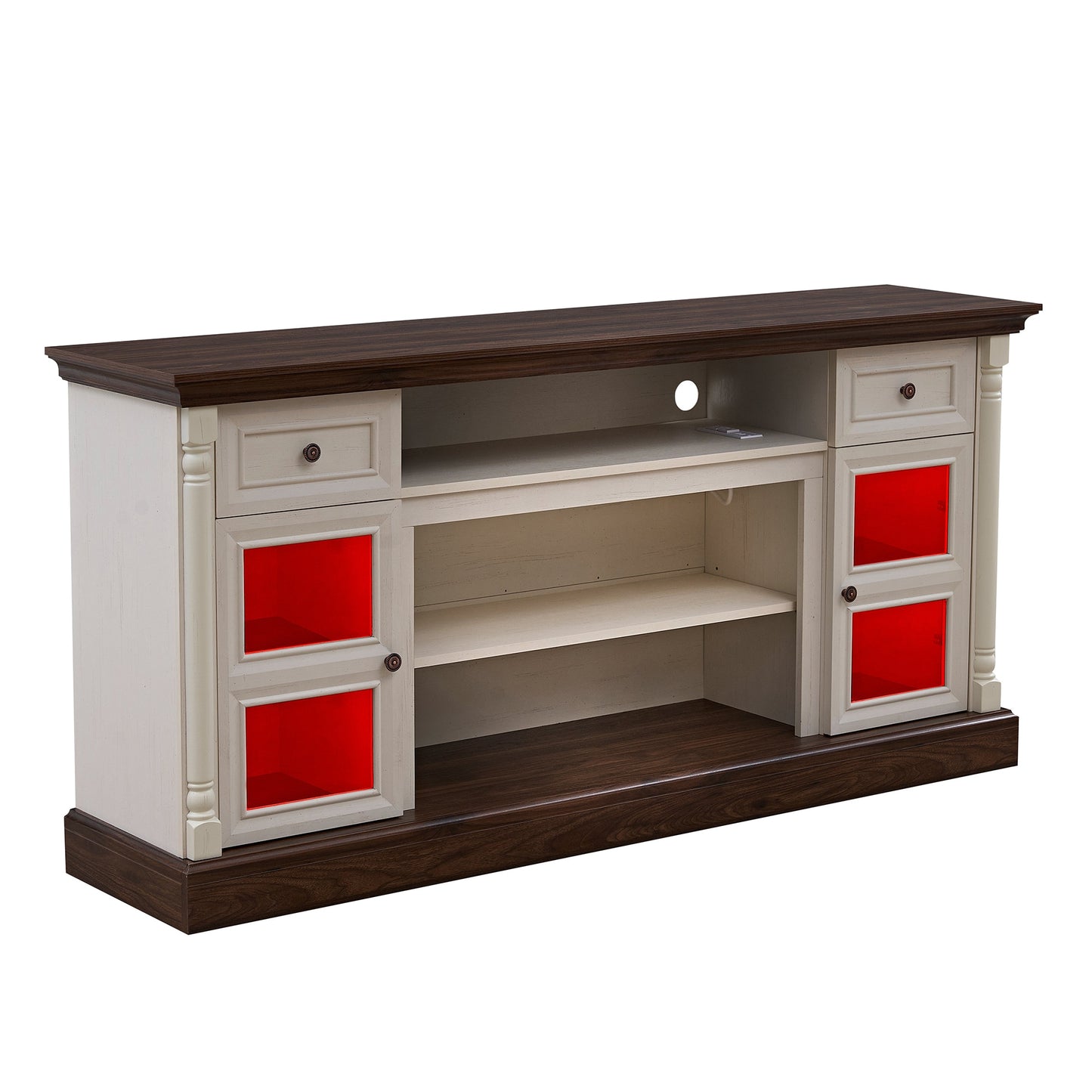 Fun Orange TV Stand LED Lights Farmhouse/Rustic Walnut and White 66-in W TV cabinet ( Accommodates TVs up to 80-in )