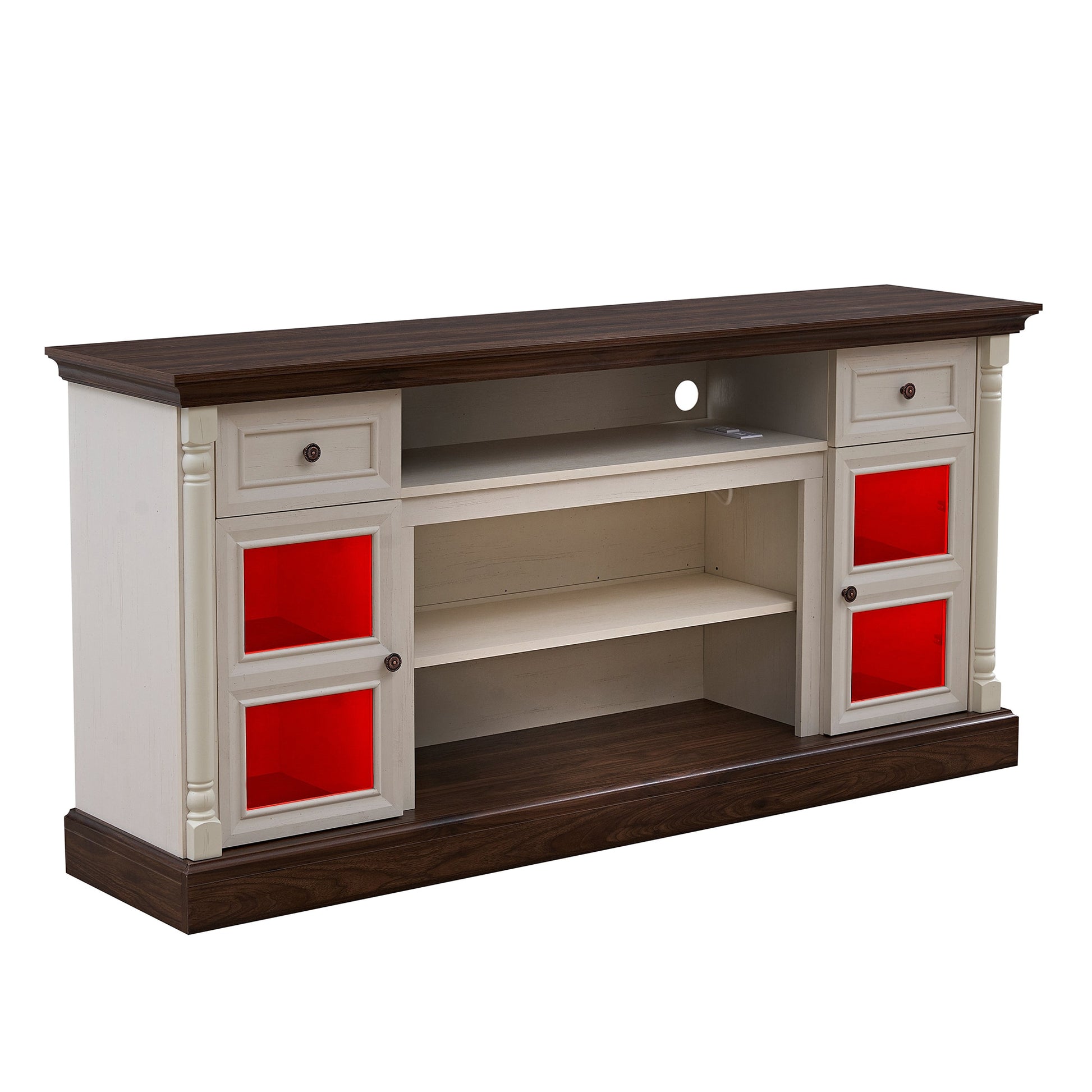 Fun Orange TV Stand LED Lights Farmhouse/Rustic Walnut and White 66-in W TV cabinet ( Accommodates TVs up to 80-in )