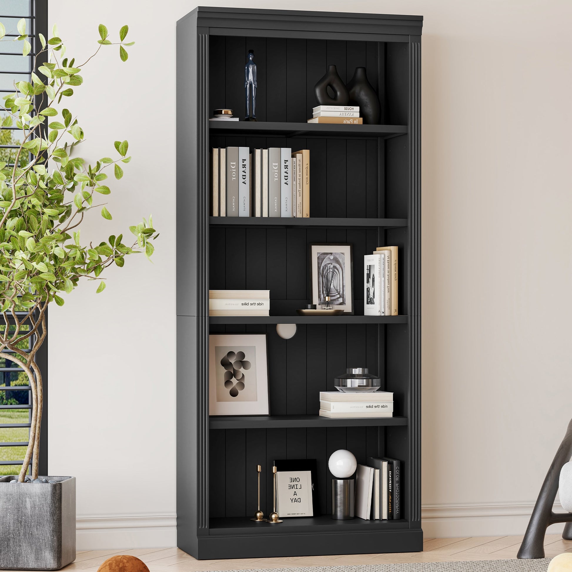 ModernLuxe 83.4inch Tall Wood Bookcase with light strip5Tier Decor Bookshelves with Adjustable ShelvesStorage Organizer for CDsBooksMoviesFree Standing Storage Shelves for Living RoomHome OfficeBlack
