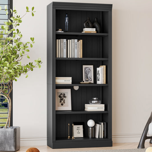 ModernLuxe 83.4inch Tall Wood Bookcase with light strip5Tier Decor Bookshelves with Adjustable ShelvesStorage Organizer for CDsBooksMoviesFree Standing Storage Shelves for Living RoomHome OfficeBlack