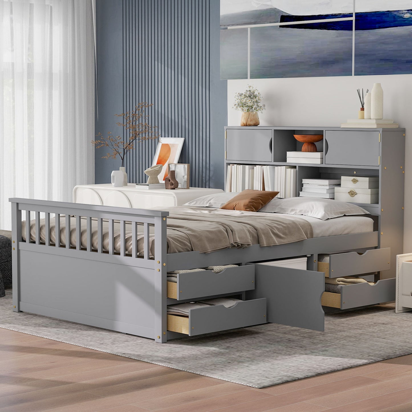 ModernLuxe Full Size Captain Platform Bed Frame with Storage Bookcases and ShelvesFour DrawersGray