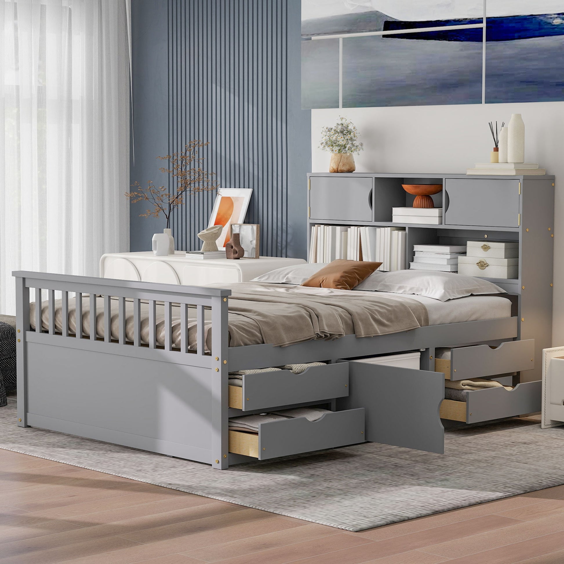 ModernLuxe Full Size Captain Platform Bed Frame with Storage Bookcases and ShelvesFour DrawersGray