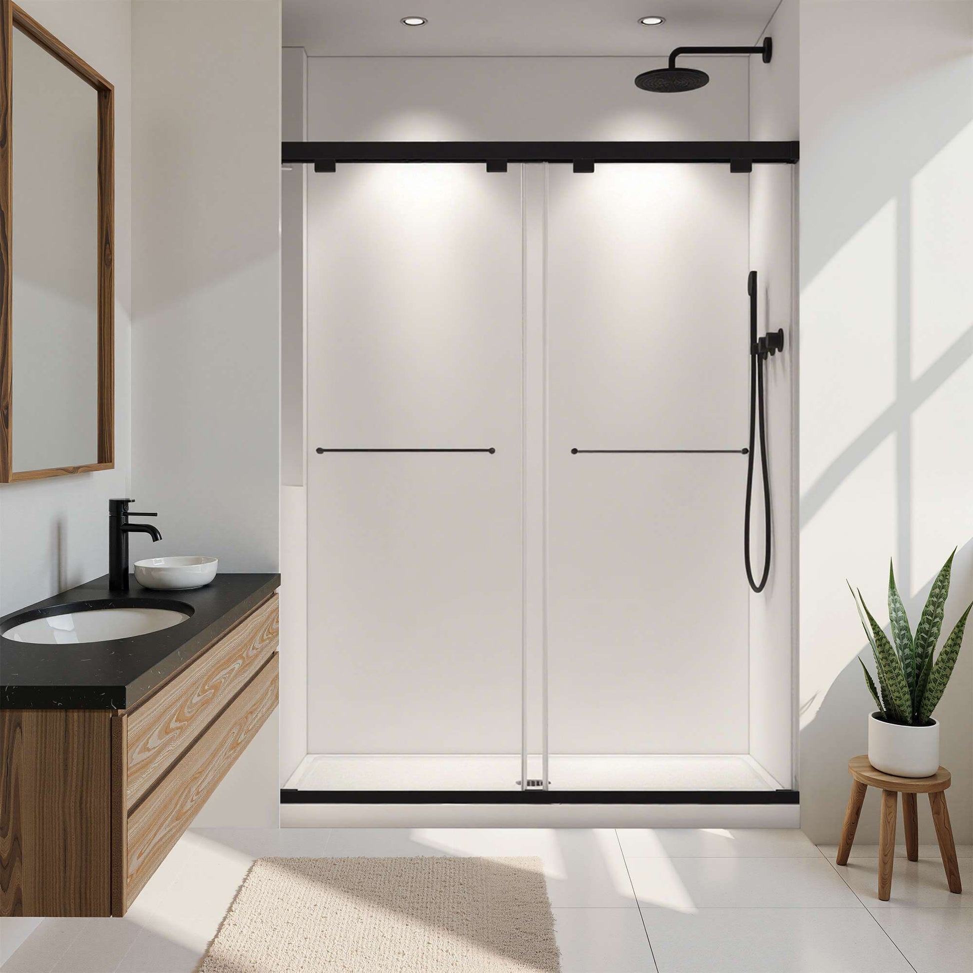 Misty Moon 60x76 Inch Frameless Double Sliding Matte Black Shower Door With Adjustable Soft Closing Function 8mm Tempered Glass