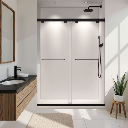 Misty Moon 60x76 Inch Frameless Double Sliding Matte Black Shower Door With Adjustable Soft Closing Function 8mm Tempered Glass
