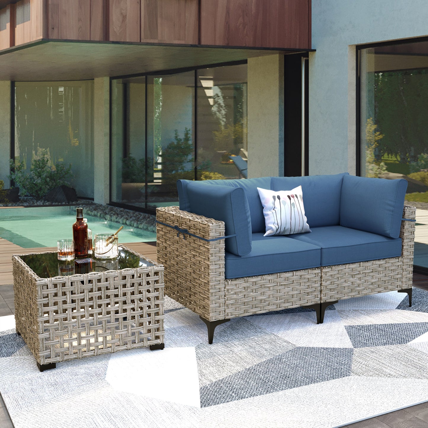 Ovios Wicker Outdoor Loveseat with Blue Cushions and Iron Frame