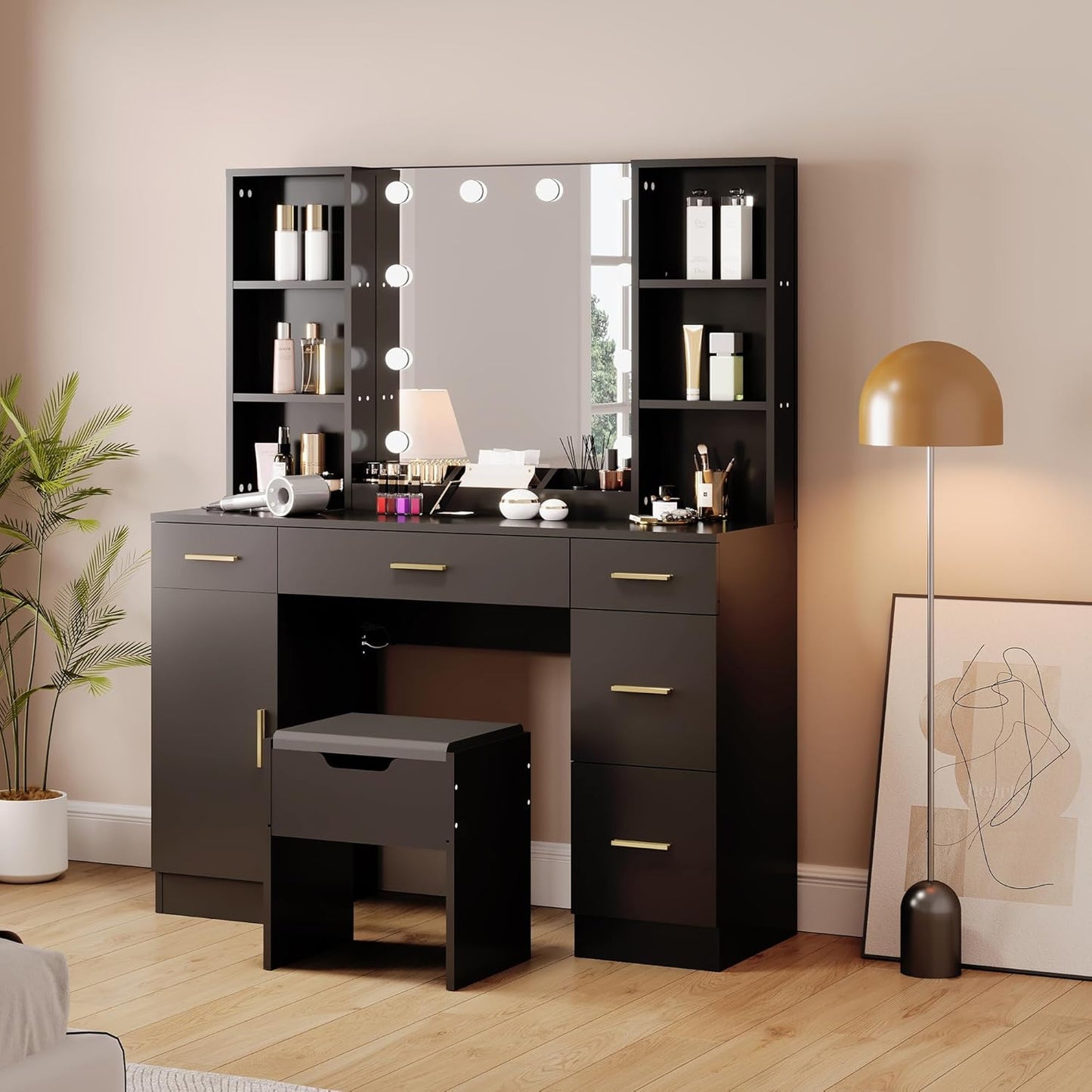 Qeetex Farmhouse Vanity Set with Lighted Mirror 56 Inch Modern Makeup Vanity with Charging Station Storage Shelves Black