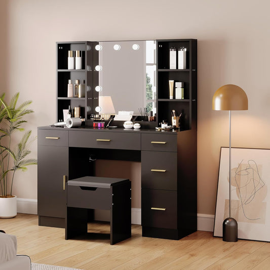 Qeetex Farmhouse Vanity Set with Lighted Mirror 56 Inch Modern Makeup Vanity with Charging Station Storage Shelves Black