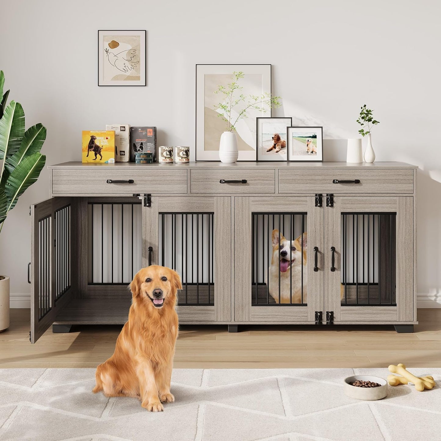 Qeetex 71 inch Large Dog Crate for 2 Dogs Double Dog Cage Furniture with 3 Drawers for Ample Storage Space Furniture Style Indoor Dog Crate and TV Stand for Large Medium Dogs Grey