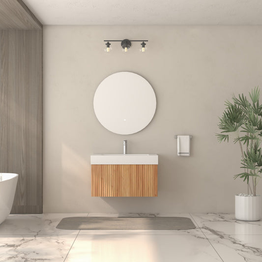 Boyel Living 30 in Wall-Mounted Bathroom Vanity with Integrated Basin Plywood Cabinet Modern Minimalist Floating Design Acacia Finish