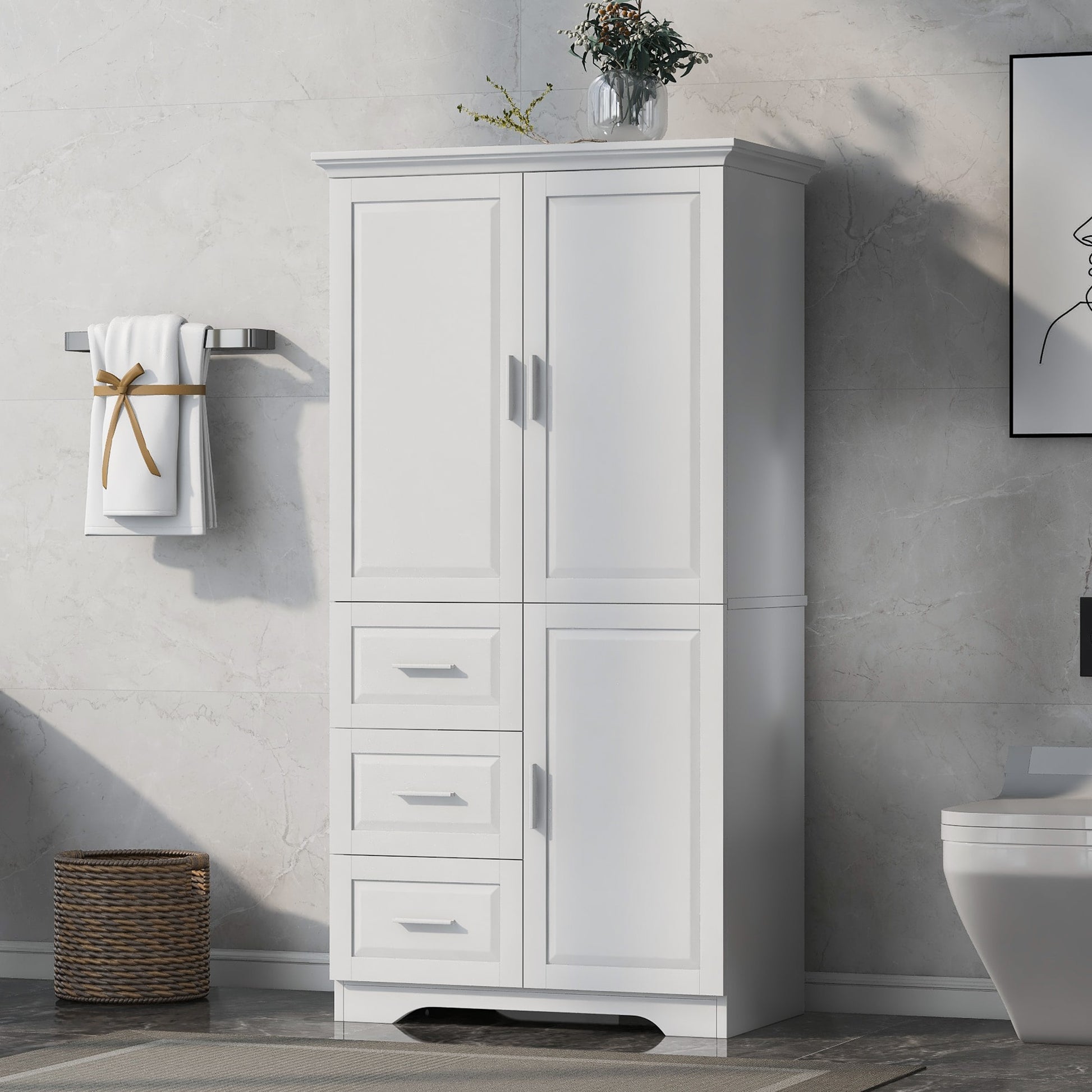 GDFStudio Slate Tall Wide White Storage Cabinet with Doors and 3 Drawers for Bathroom or Office