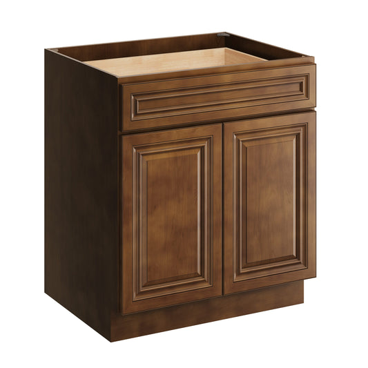 Boyel Living 30 Inch Dark Caramel Base Cabinet with Solid Wood Door and Soft-Close Features