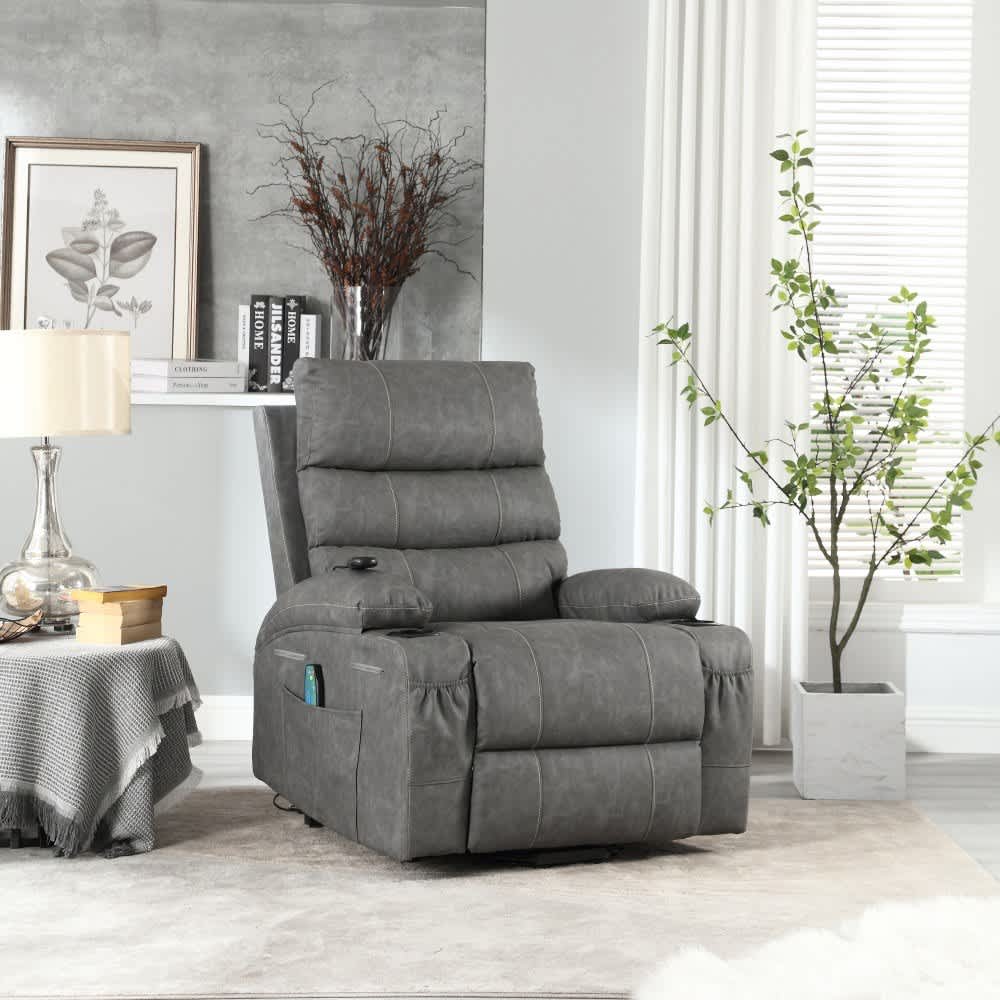 Coolbibila Large Gray PU Power Lift Recliner Chair with Heat Massage Electric Remote Side Pockets for Elderly