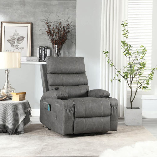 Coolbibila Large Gray PU Power Lift Recliner Chair with Heat Massage Electric Remote Side Pockets for Elderly