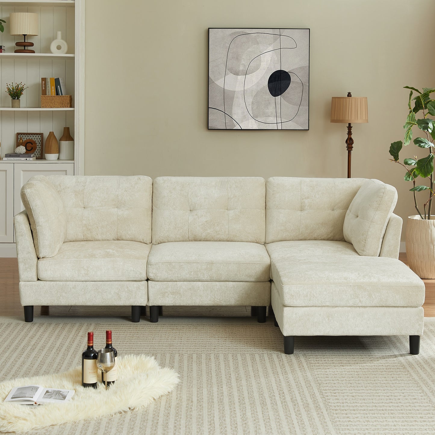 Jarenie 99.41-in W Modern Beige Chenille 4-seater Storage Sectional with Slipcover
