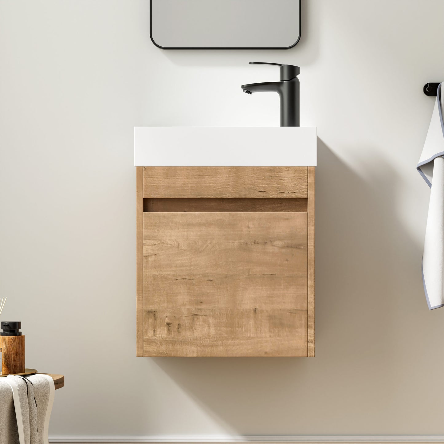 Forclover Soft-Closing 18-in Imitative Oak Single Sink Floating Bathroom Vanity with White Cultured Marble Top