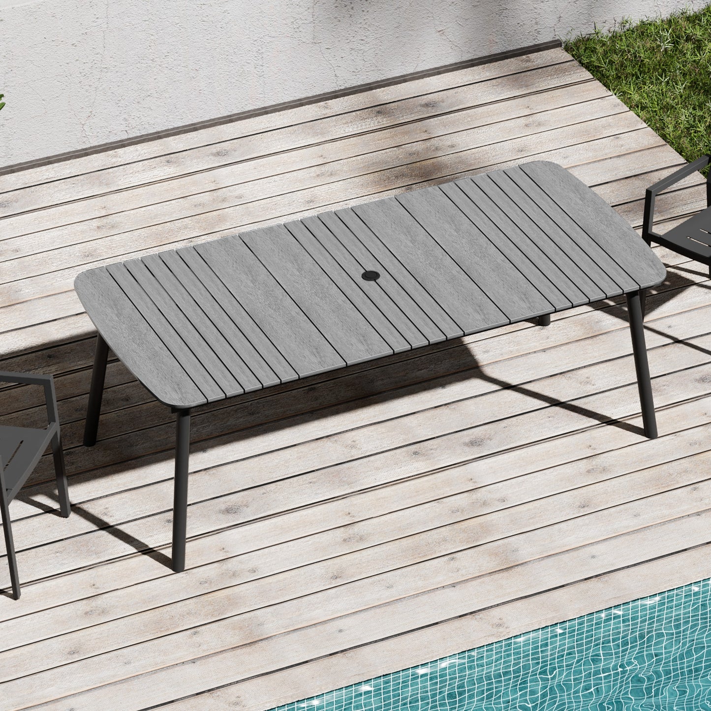 Crestlive Products 81-in Large Patio Plastic-Wood Top Aluminum Frame Rectangle Outdoor Dining Table 38-in W x 81.5-in L with Umbrella Hole