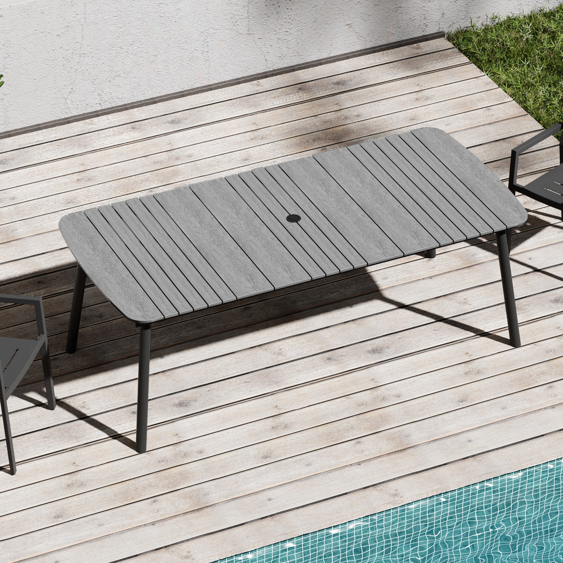 Crestlive Products 81-in Large Patio Plastic-Wood Top Aluminum Frame Rectangle Outdoor Dining Table 38-in W x 81.5-in L with Umbrella Hole