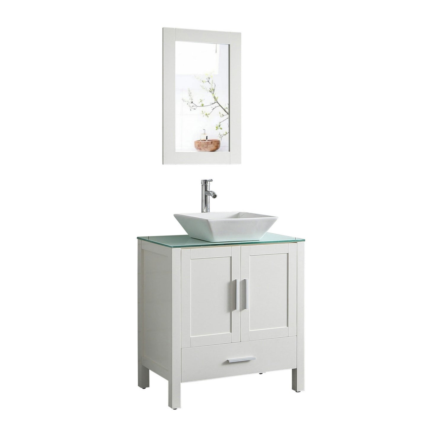 Royal Guard 30-in White Single Sink Bathroom Vanity with White Glass Top (Mirror Included) (Faucet Included)
