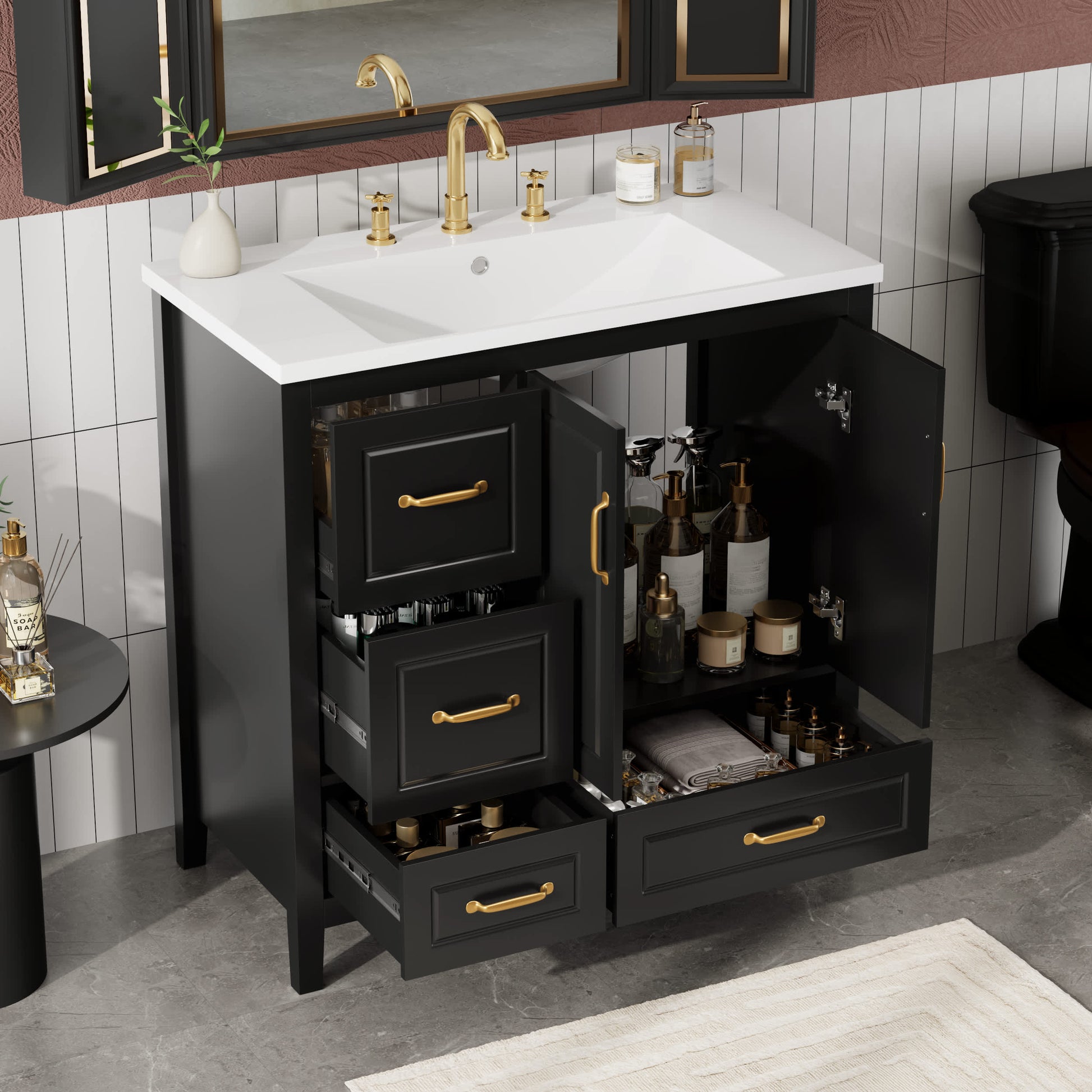 Misty Moon 36 Inch Black Bathroom Vanity with Sink One Cabinet with Soft-closing Doors and 4 Soft-Closing Drawers