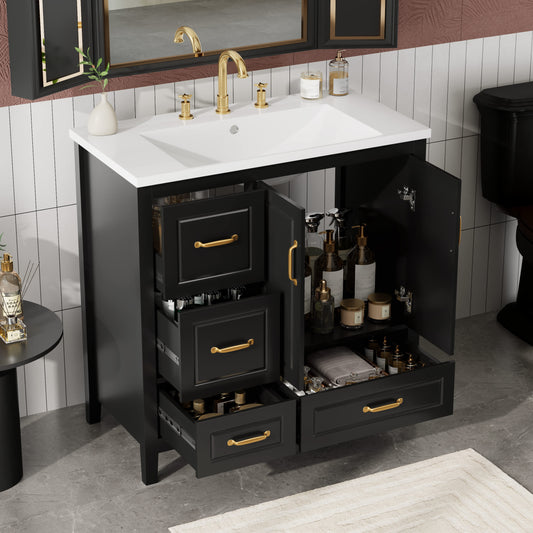 Misty Moon 36 Inch Black Bathroom Vanity with Sink One Cabinet with Soft-closing Doors and 4 Soft-Closing Drawers