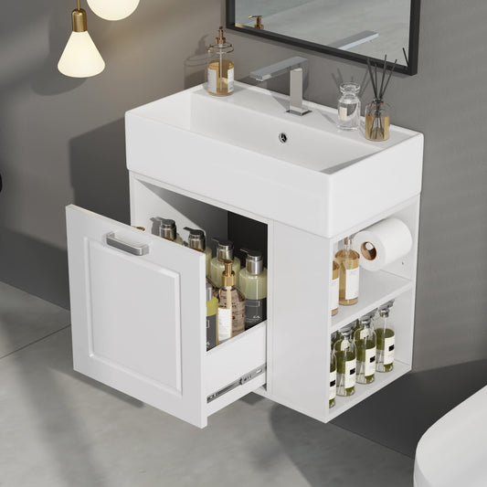 Misty Moon 21.8 Inch White Bathroom Vanity with Sink Wall Mounted Floating Cabinet with One big Drawer Toilet Paper Holder