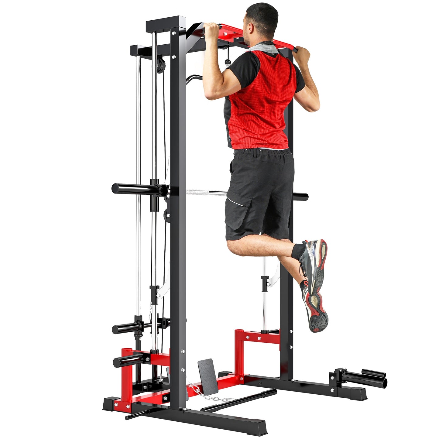 Soozier  Power Cage Smith Machine Multi-Function Power Rack with Pull Up Bar Lat Pull Down System Squat Rack Barbell Bar Landmine Attachment Plate Storage Posts for Home Gym