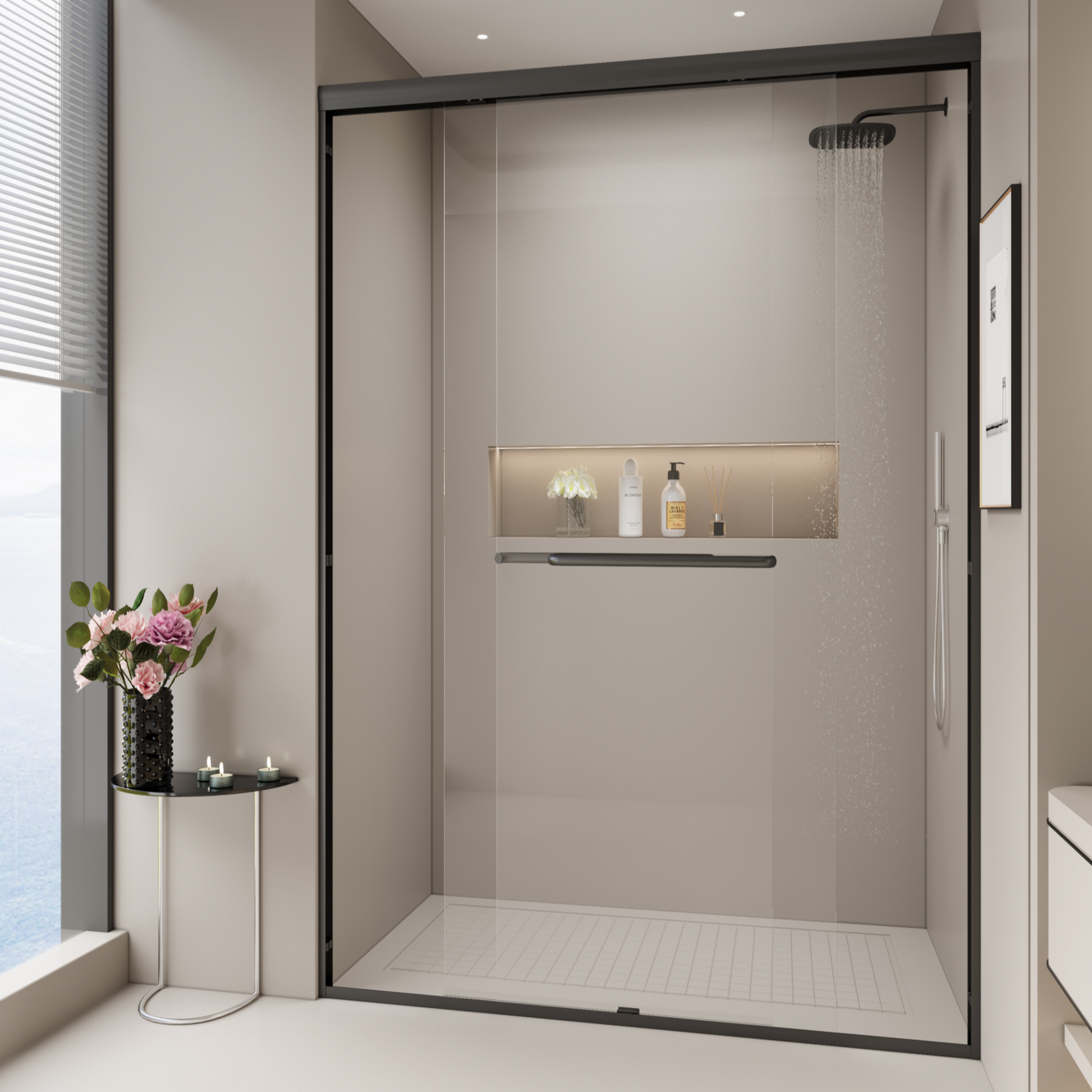 Tatayosi 44-48 in W x 72 in H Double Sliding Shower Door Semi-frameless Bypass Bathroom Sliding Door with 1/4 Inches (6mm) Tempered Glass for Walk-in Shower Matte Black