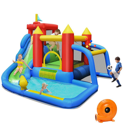 Slickblue Multicolor 6-in-1 Inflatable Water Park Castle with Jumping Area Football Gate and Cannon â€“ 11.4-Ft Oxford Cloth Outdoor Backyard Bounce House