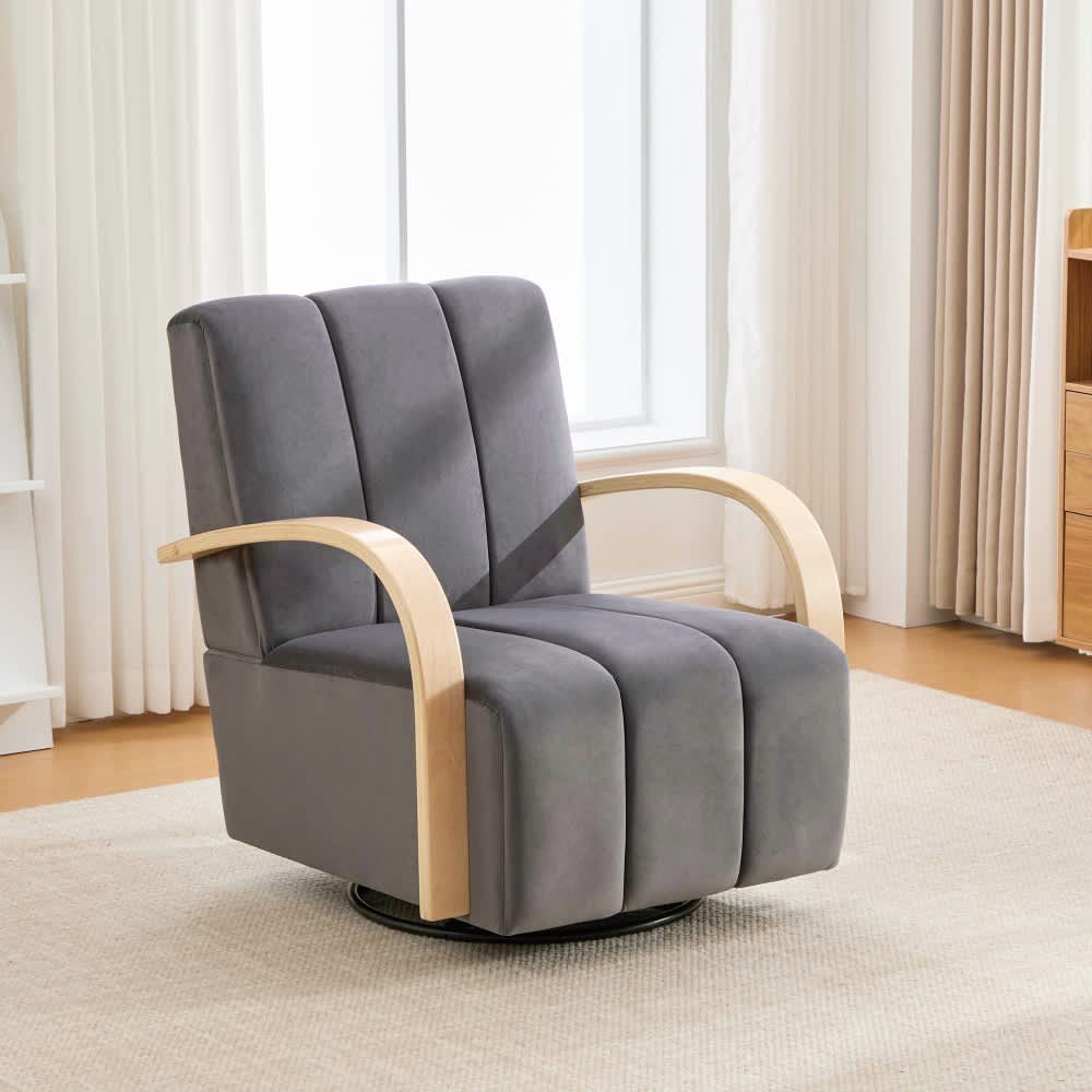 Coolbibila Charcoal Velvet Swivel Accent Chair with Solid Wood Armrests Tufted Lounge Armchair for Living Room
