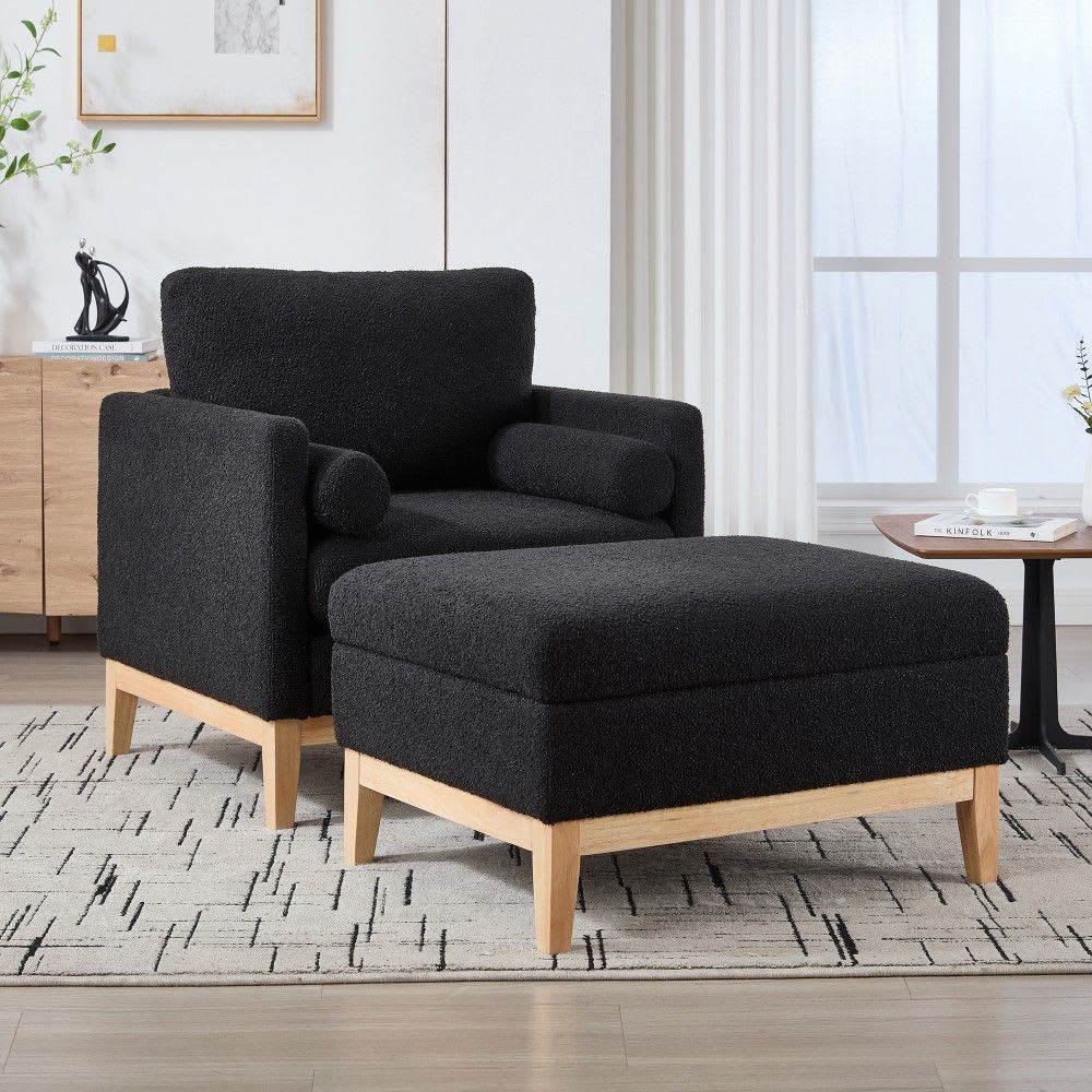 Coolbibila Boucle Accent Chair with Storage Ottoman and Removable Black Cushion Modern Armchair for Living Room
