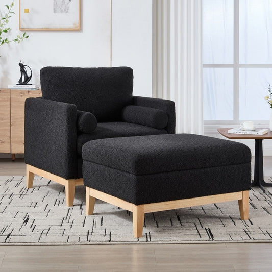 Coolbibila Boucle Accent Chair with Storage Ottoman and Removable Black Cushion Modern Armchair for Living Room