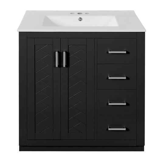 Vynxaria  30 inch Black Retro Style Single Sink Freestanding Bath Vanity with White Ceramic Top Three Full Extension Drawers One Soft Close Door