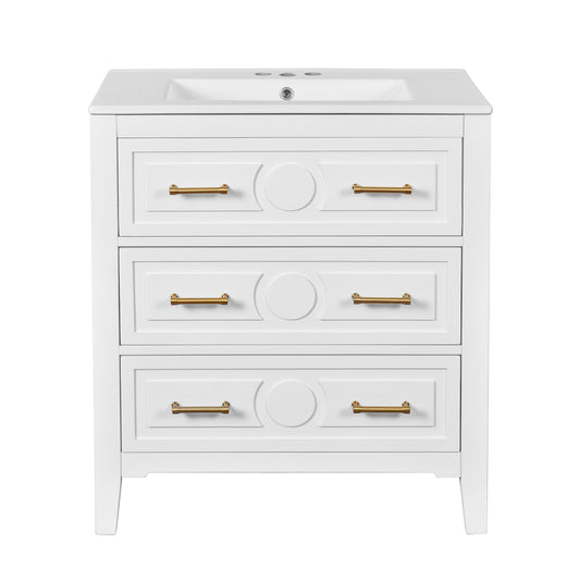 Vynxaria  30 Inch Bright White Free Standing Bathroom Vanity with Ceramic Sink Single Unit Solid Wood Frame Three Soft Close Drawers Retro